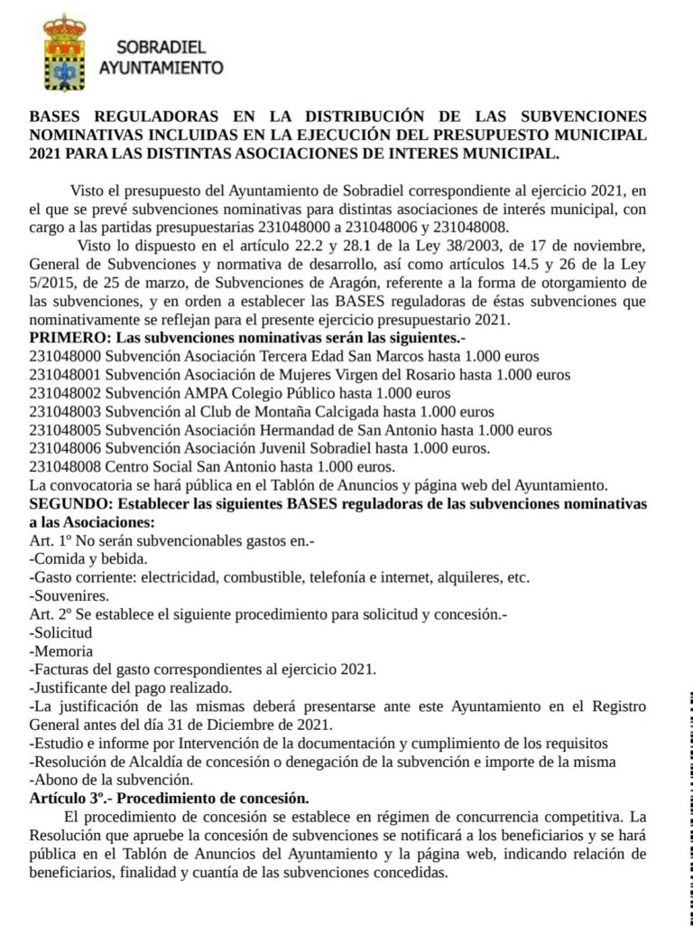 Bases reguladoras de subvenciones para asociaciones del municipio del año 2021